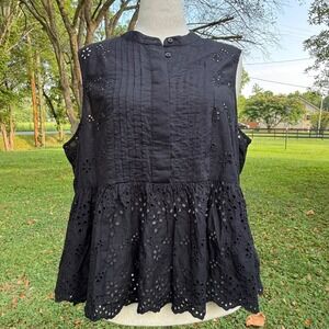 GAP Womens XL Black Eyelet Cotton Sleeveless Pintuck Peplum Babydoll Top NWT